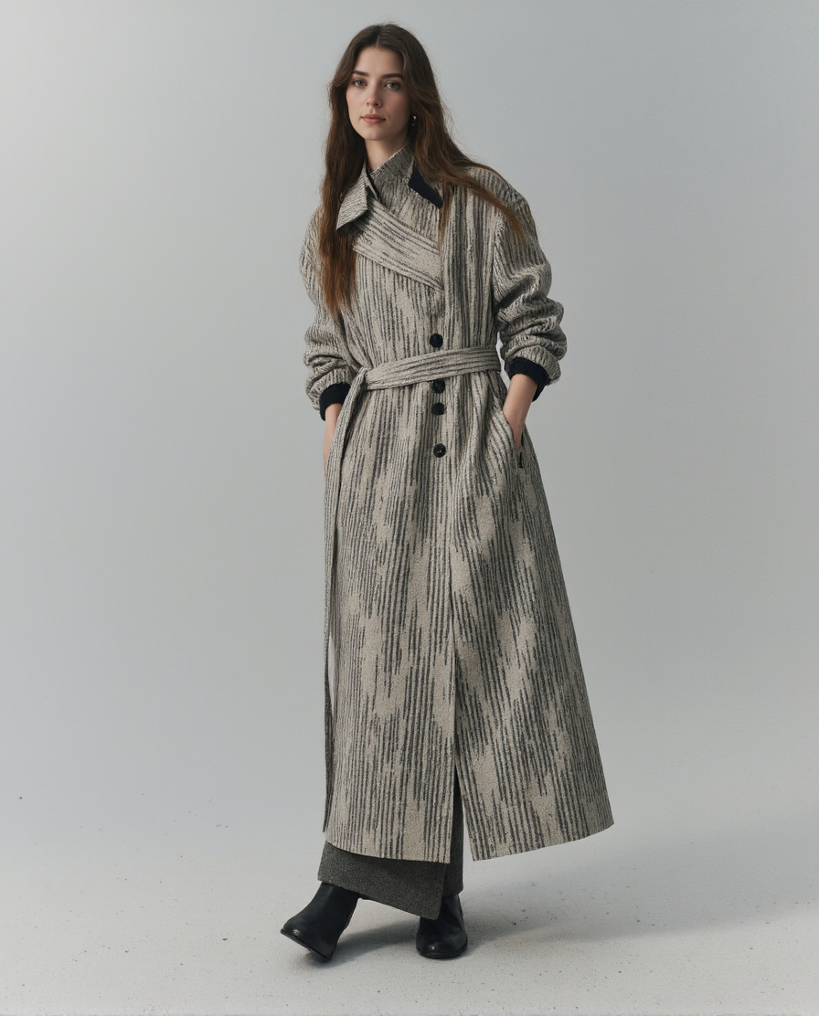 Skinned Woman With Long Brown Hair Wearing A Textured Knee Length Gray Coat Against