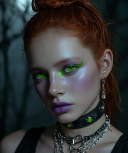 Skinned Woman With Striking Red Hair Vivid Green Eyeshadow And Gothic Makeup Wearing A