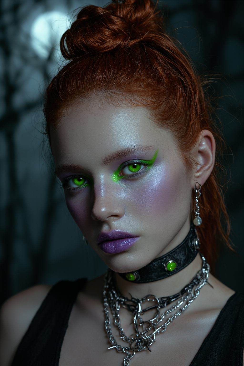 Skinned Woman With Striking Red Hair Vivid Green Eyeshadow And Gothic Makeup Wearing A