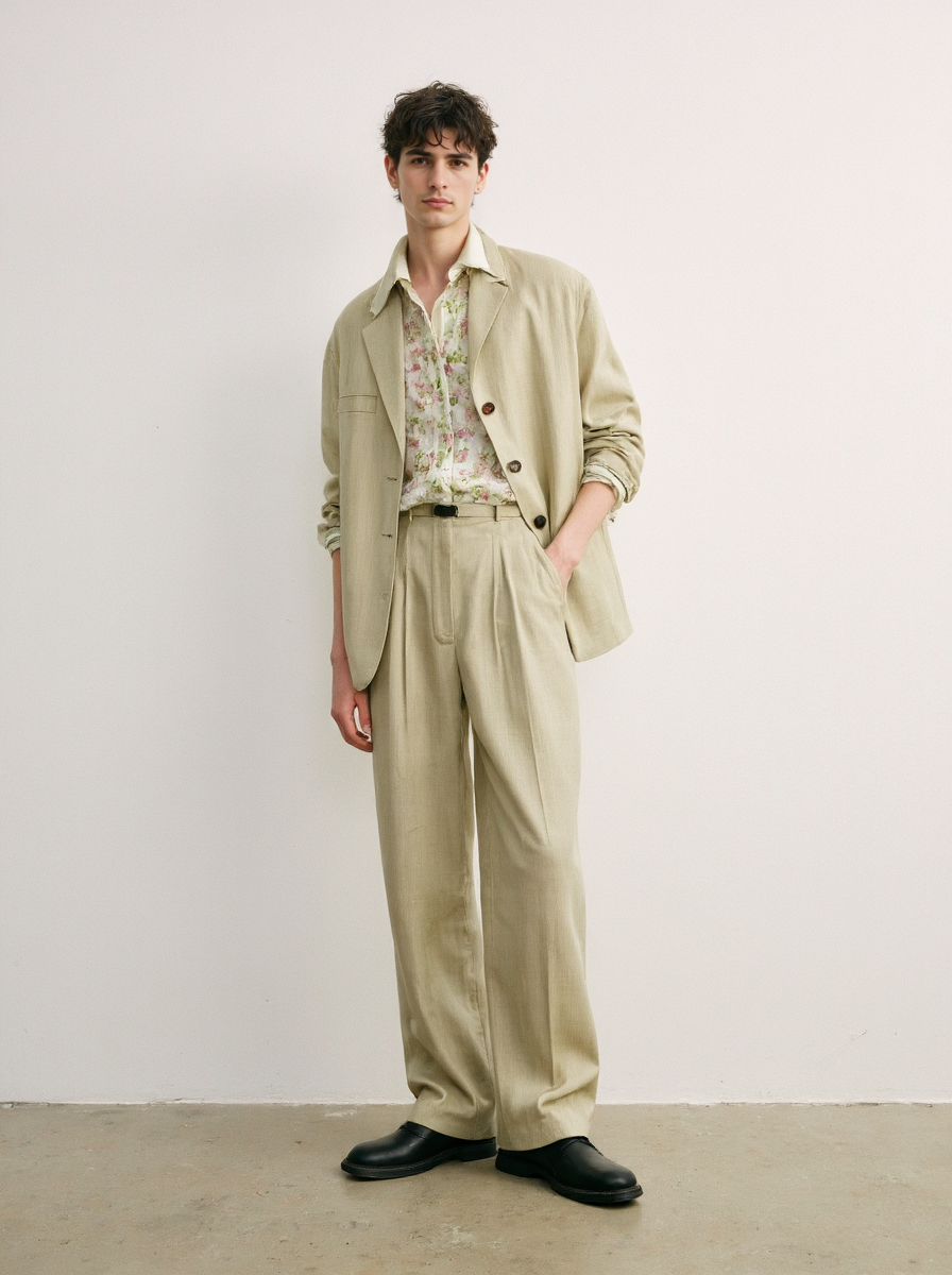 Slender Young Man In Beige Suit Floral Shirt Black Shoes Standing Against Plain White