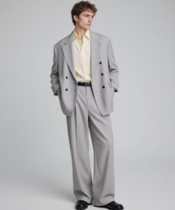 Tall Slim Light Skinned Young Man In A A Grey Pinstripe Suit Yellow Shirt Black Shoes