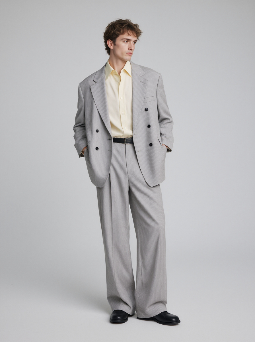 Tall Slim Light Skinned Young Man In A A Grey Pinstripe Suit Yellow Shirt Black Shoes