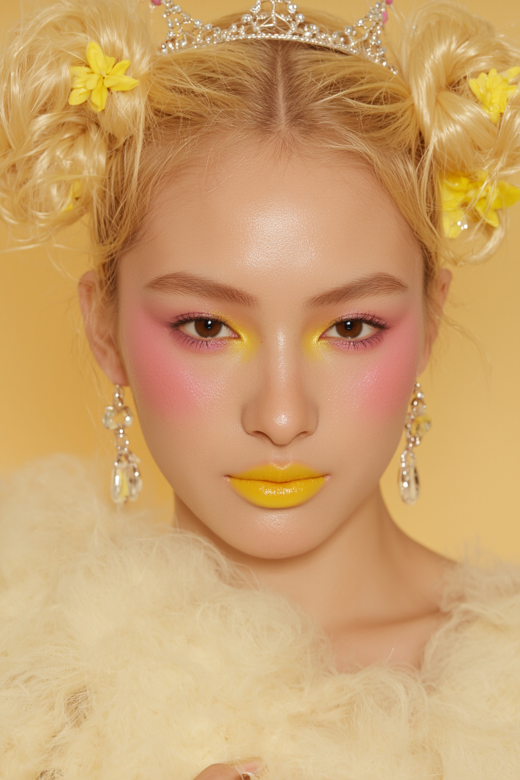 With Blonde Hair In Pigtails Wearing A Crown Yellow Makeup And Yellow Earrings Against