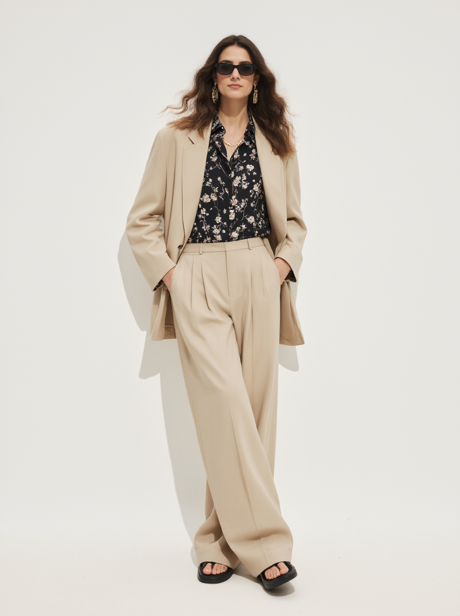 Woman In Beige Suit Black Floral Shirt Sunglasses And Black Sandals Standing Against A