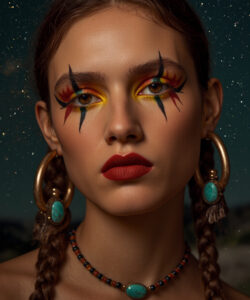 Woman With Braided Hair Bold Face Paint Paint Striking Red Lips And Turquoise Jewelry