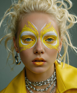Woman With Curly Hair Wearing Intricate Intricate Yellow Face Paint Silver Chain 1