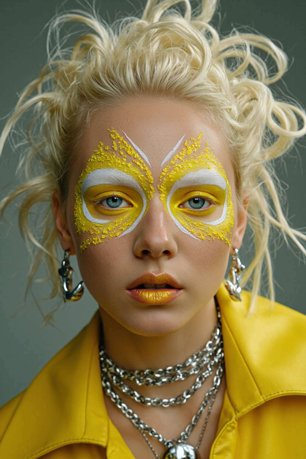 Woman With Curly Hair Wearing Intricate Intricate Yellow Face Paint Silver Chain 1