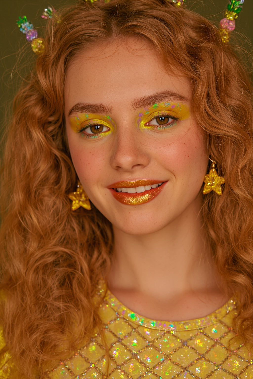 Woman With Curly Red Hair Yellow Star Earrings Glittery Yellow Eyeshadow And A Yellow 1