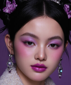 Woman With Dark Hair Wearing A Glittery Tiara Purple Eyeshadow And Earrings Against A