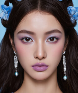 Woman With Fair Skin Blue Hair Clips Clips Purple Eyeshadow And Pearl Earrings Against
