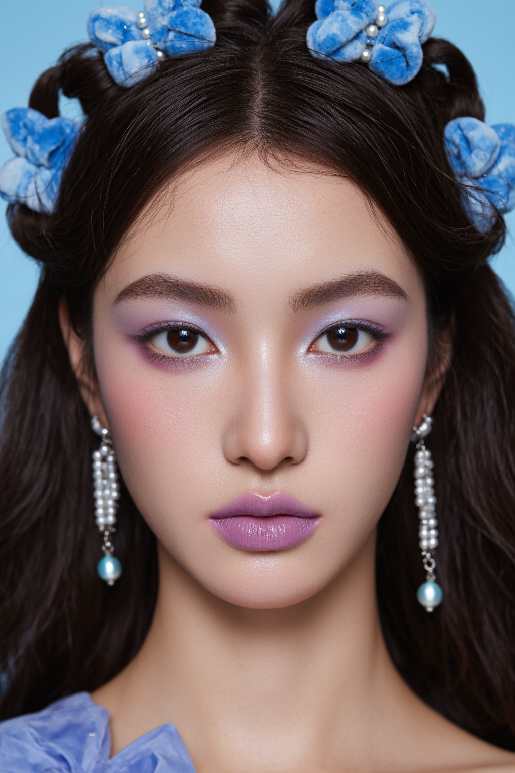 Woman With Fair Skin Blue Hair Clips Clips Purple Eyeshadow And Pearl Earrings Against