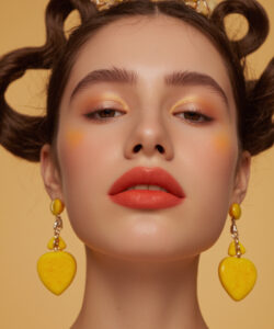 Woman With Fair Skin Red Lipstick And Intricate Floral Hair Accessories Set Against A
