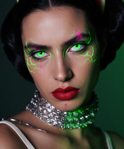 Woman With Glowing Green Face Paint Red Lips And A Watermelon Slice Headpiece Wearing 1