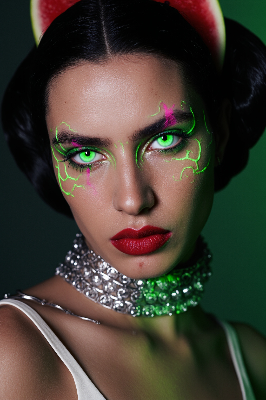 Woman With Glowing Green Face Paint Red Lips And A Watermelon Slice Headpiece Wearing 1