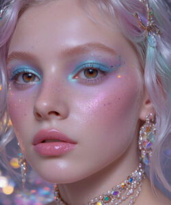Woman With Pastel Colored Glittery Eye Makeup Adorned With Sparkling Jewelry Set
