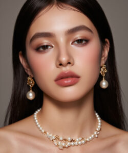 Young Asian Woman With Long Dark Hair Hair Wearing Pearl Earrings And Necklace In