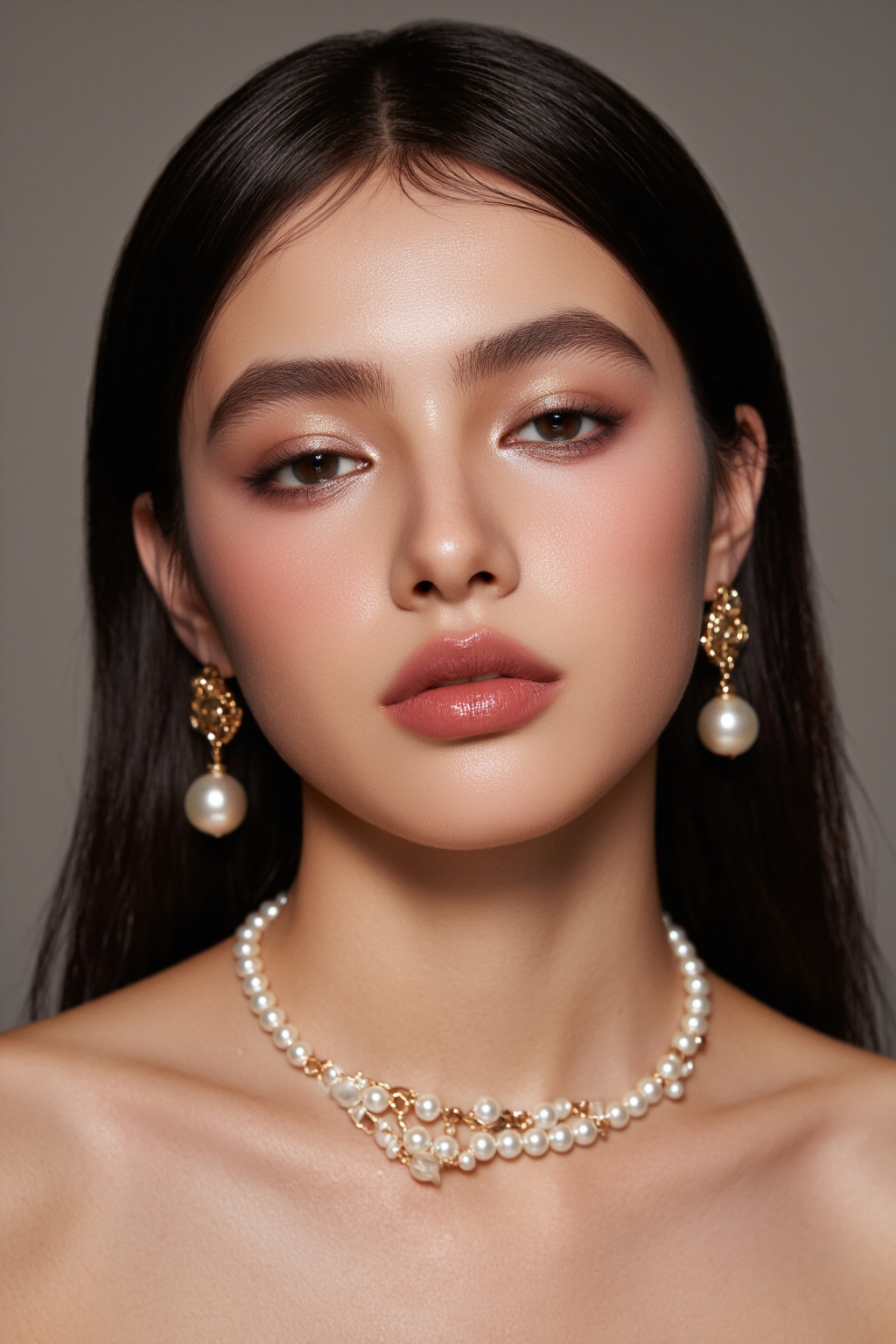 Young Asian Woman With Long Dark Hair Hair Wearing Pearl Earrings And Necklace In