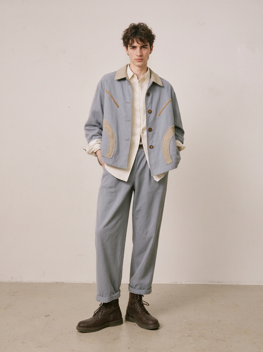 Young Man With Curly Hair Wearing A Light Blue Jacket White Shirt Blue Pants And Brown