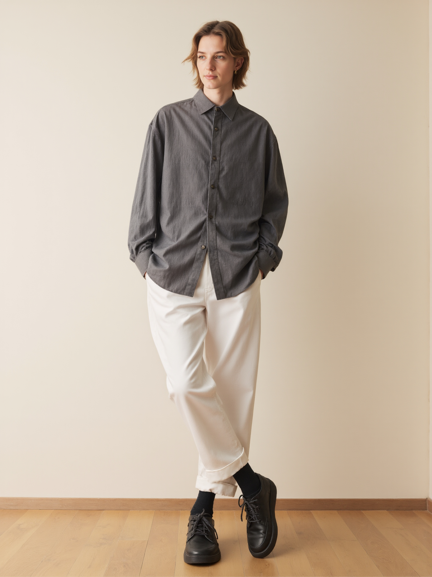Young Man With Light Brown Hair Wearing A A Grey Shirt White Pants Black Shoes Against
