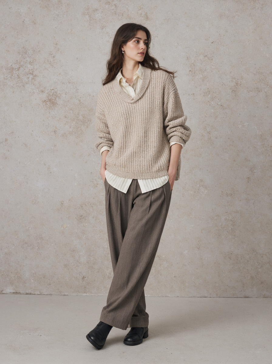Young Woman In A Beige Knit Sweater Sweater White Shirt Loose Brown Trousers Black