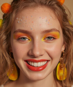 Young Woman With Colorful Makeup Orange Pom Pom Pom Headband And Large Yellow Earrings 1