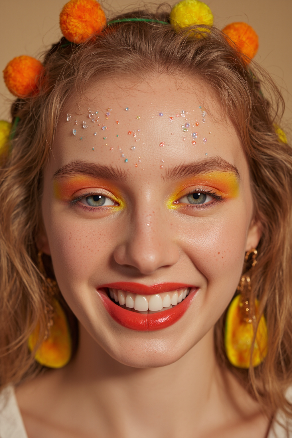 Young Woman With Colorful Makeup Orange Pom Pom Pom Headband And Large Yellow Earrings 1