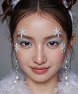 Young Woman With Fair Skin Brown Hair In In Buns Wearing White Fur Blue Eyeshadow And