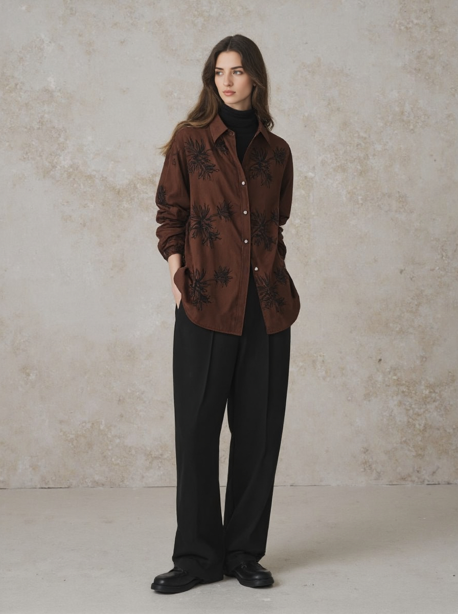 Young Woman With Long Brown Hair Wearing A Brown Floral Shirt Black Pants And